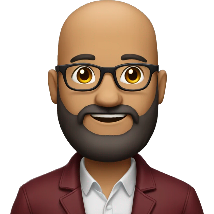 Indian Bald man smiling with glasses and a big, bushy black beard. Wearing a maroon jacket emoji