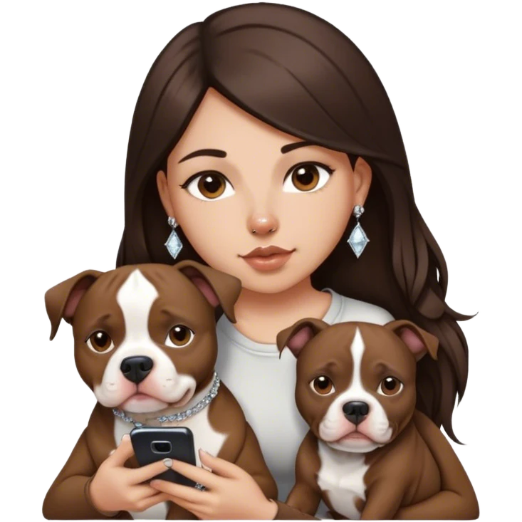 ￼ a young girl with long dark brown hair cascading down her face. It’s with her phone in her hands, sitting next to her pitbull with a small diamond nose ring in her nose. emoji