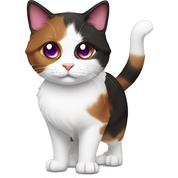 Calico cat with purple eyes and white pupils, dark brown, red, and white color, Munchkin Fluffy cat emoji