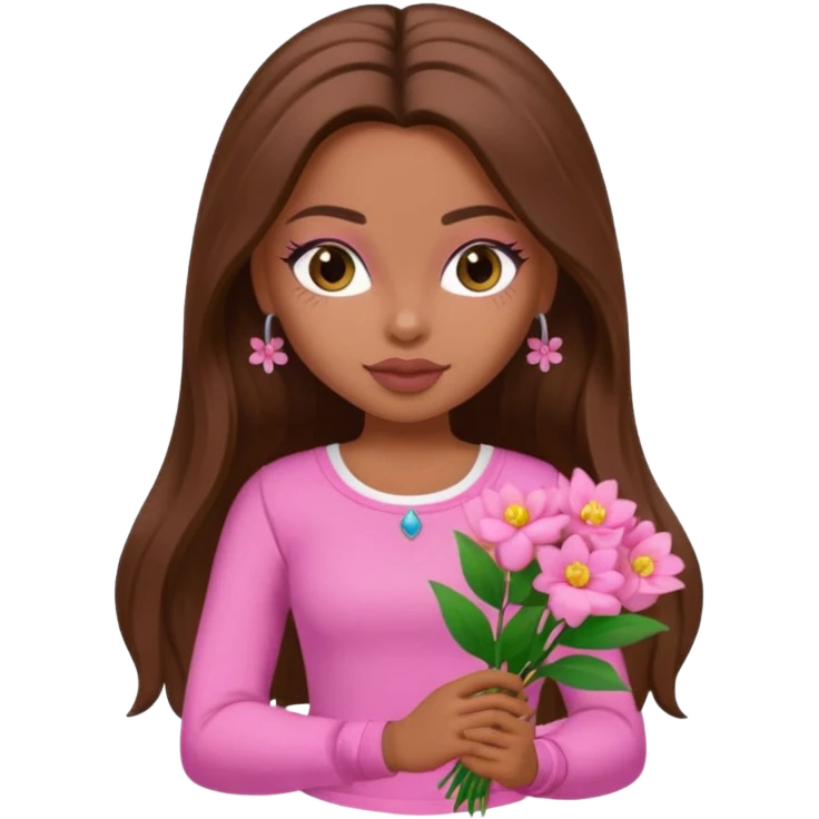 pretty bratz baddie, long brown hair holding flowers emoji