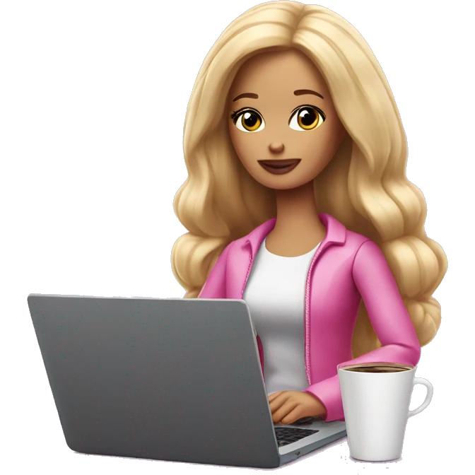 tired barbie with laptop drinking a lot of coffee emoji