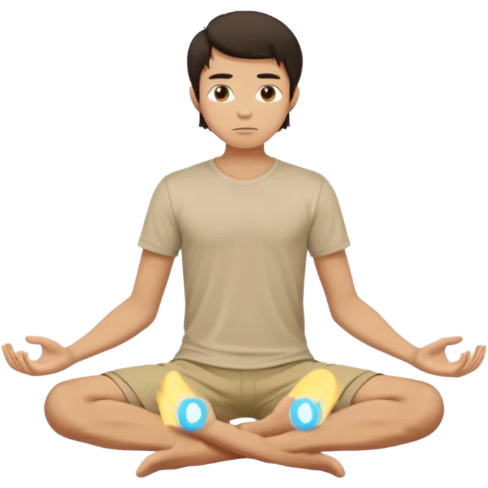 rapaz magro cabelo escuro, camiseta bege e  bermuda bege escuro, corpo inteiro meditan emoji