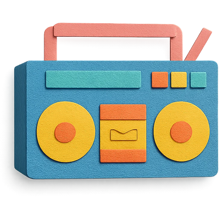 modern boombox with simple shapes and playful colors, paper-craft style emoji