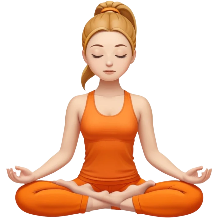 caucasian woman with ponytail in lotus position meditating, eyes closed, peaceful expression, bright orange yoga clothes emoji