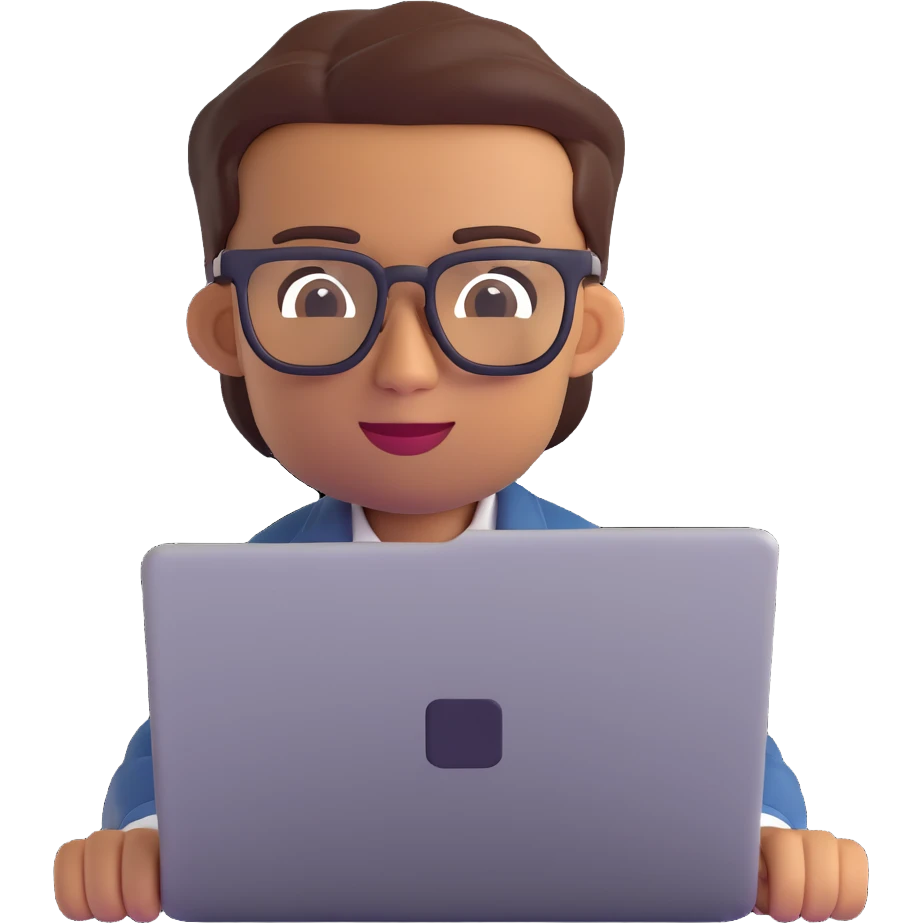 a designer with tan skin and square glasses using a laptop, 3D emoji style emoji