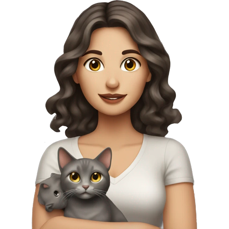 pretty wavy brunette woman with brown eyes holding grey cat emoji