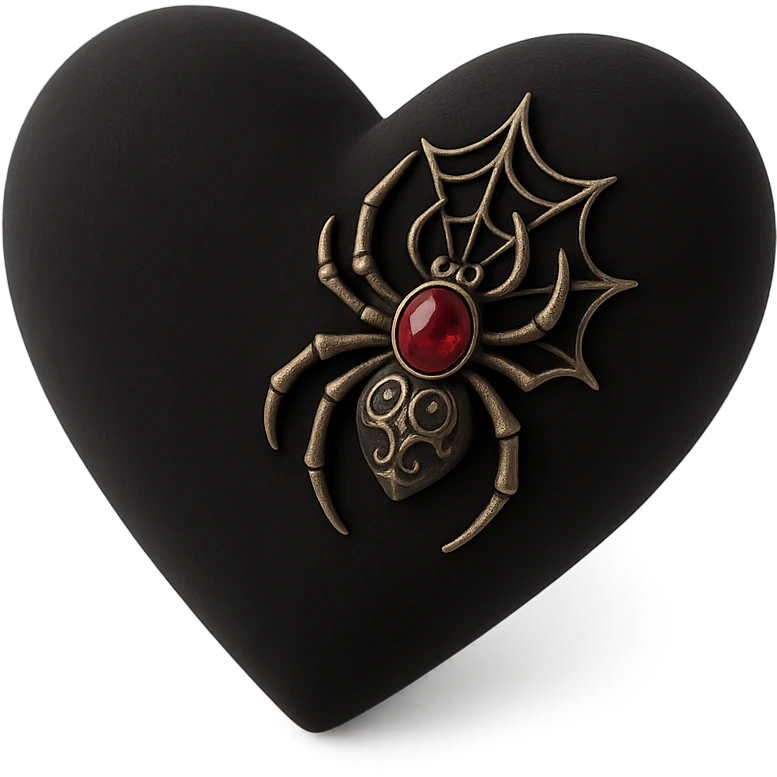 gothic heart in 3D black style, black velvet texture, silver spider brooch, deep red gemstone, ornate and dark emoji