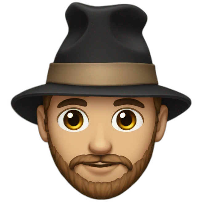 30 year old man, green brown eyes, brown beard and a black hat emoji