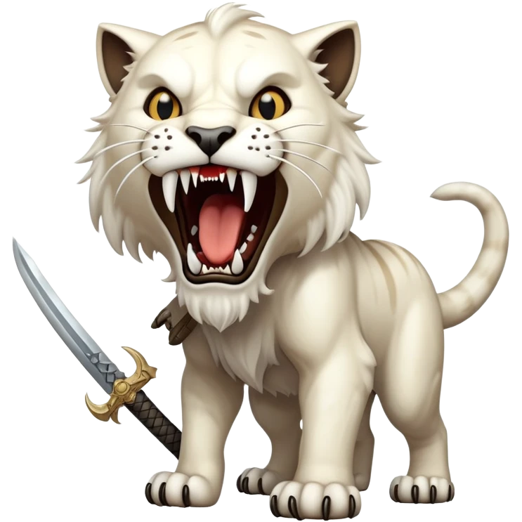 saber-toothed cat with absurdly long, sword-like canine teeth that are longer than its entire head, comically exaggerated fangs emoji