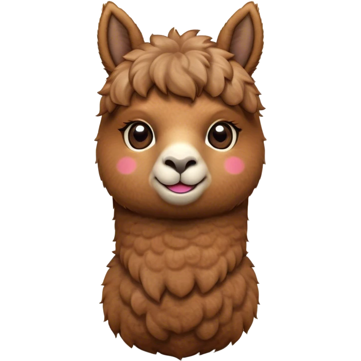 Cinematic Cute Brown Alpaca Portrait Emoji, Head tilted playfully and inquisitively, featuring a plush, rich brown fleece with a natural sheen, round, sparkling warm eyes filled with curiosity, Simplified yet irresistibly adorable features, highly detailed, glowing with a warm, friendly glow, high shine, affectionate and gentle, stylized with a touch of whimsy, bright and endearing, soft glowing outline, capturing the essence of a mischievous yet loving alpaca, so playful it feels like it could prance out of the screen and into your arms! emoji