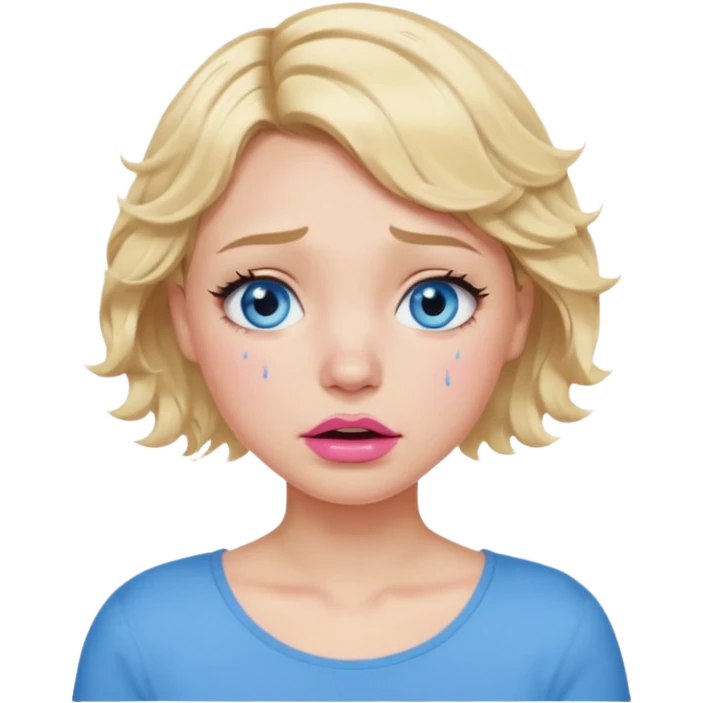 Girl Blonde short wavy hair,  blue eyes, cute blue top, long lashes, pink lips,crying with big tears running down the face  emoji