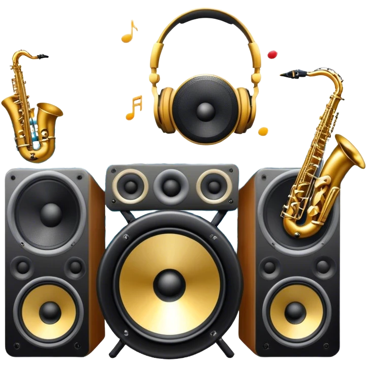 Icon for R&B Music Listening: large concert speakers and headphones with waves of musical notes coming out, along with drums and bass guitar and saxophone. The icon should convey the energetic and rhythmic vibe of R&B music. Transparent background emoji