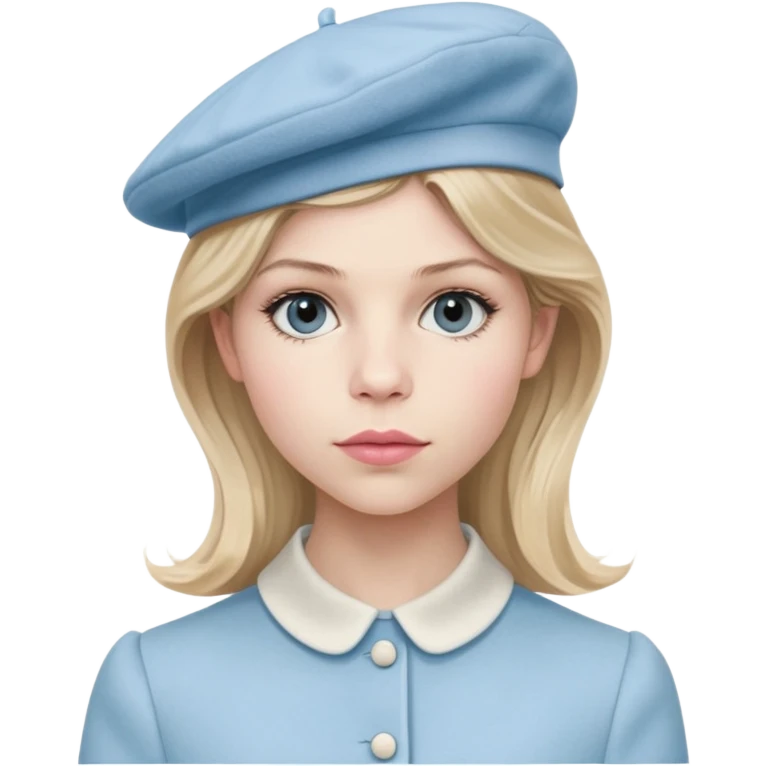 Clemence Poesy is Fleur Delacour in harry potter, light blue dress, light blue classic French beret – soft, round, and slightly tilted to one side, pink lips emoji