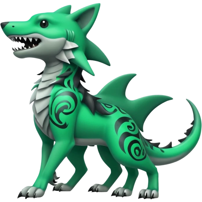 Edgy cool badass Neon-green landhai-sergal-wolf-canine, with a shark tail, with black and dark-green swirly patterns markings emoji