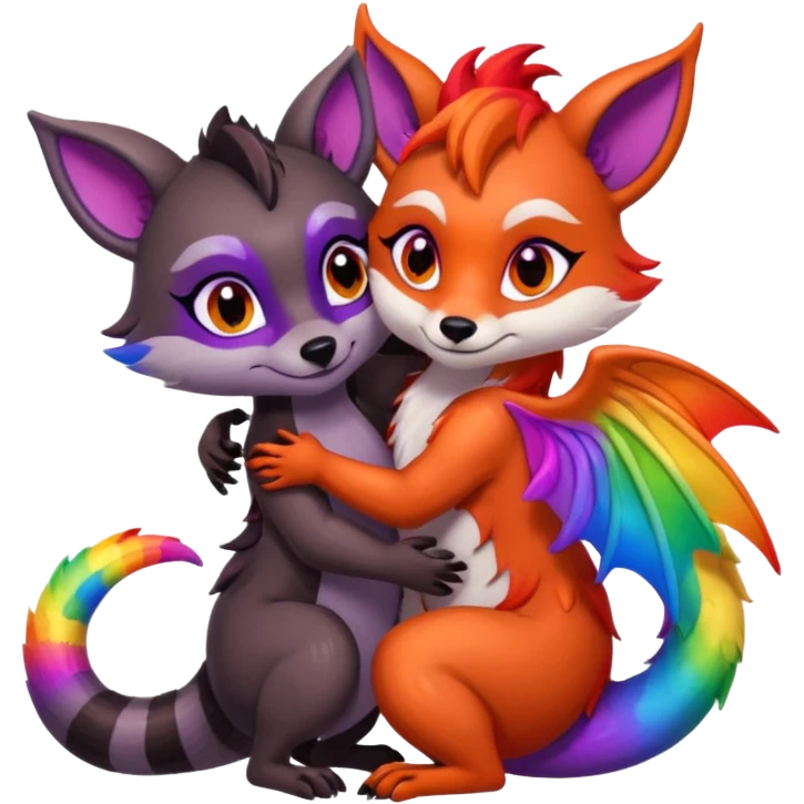 black female raccoon dragon hybrid with rainbow colored wings and purple eyes giving a big hug to a red female fox dragon hybrid with rainbow colored wings and orange eyes emoji