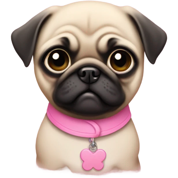 Baby pug with big pink
 eyes and pink collar
 emoji