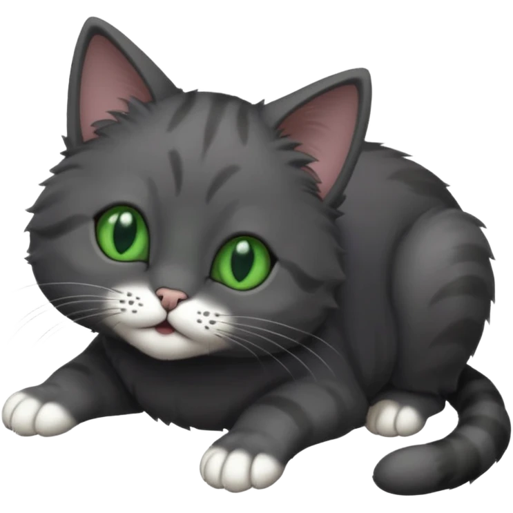 solid dark grey cat with green eyes, completely solid grey face, white toes/paws playfully rolling upside down emoji