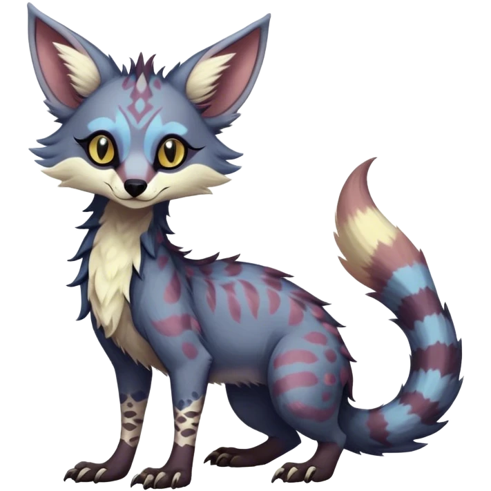 Feral Rare Fantasy dark colorful pastel Vernid-Sergal-Genet-Trico-species by LiLaiRa, random markings, tufted tail, tufted ears, full body emoji