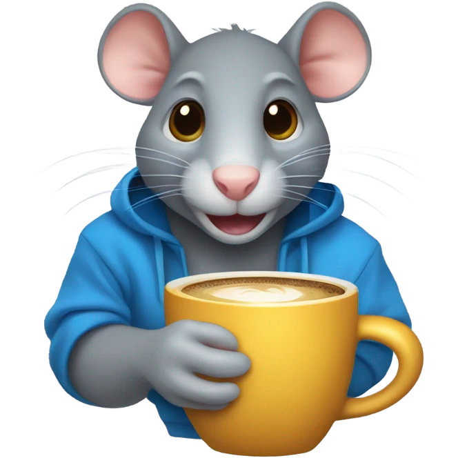 A rat with one ear and one gold tooth, wearing a blue sweatshirt, drinking coffee emoji