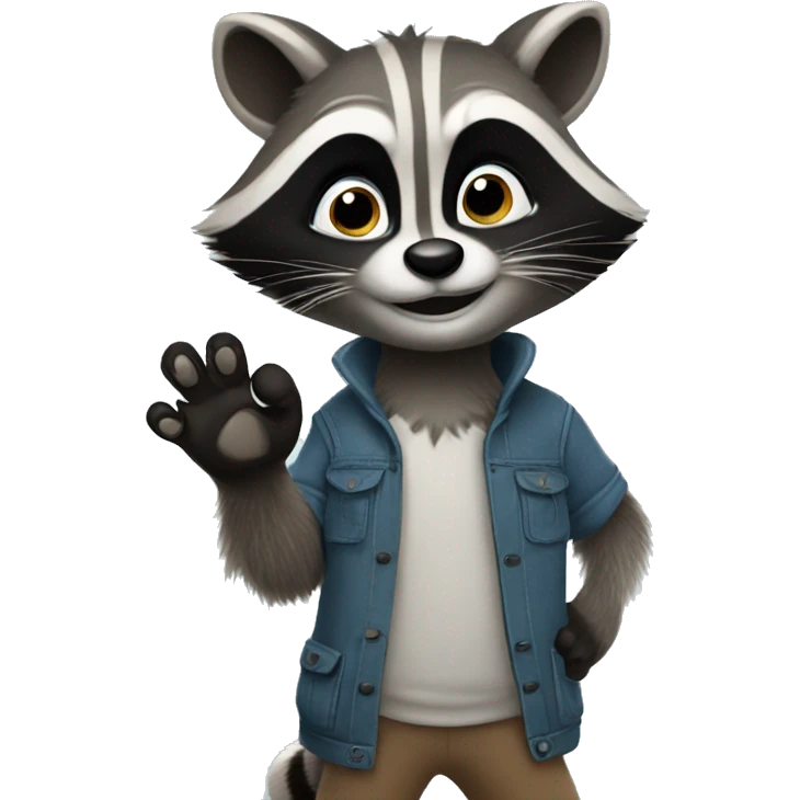 The raccoon waves his paw and greets emoji