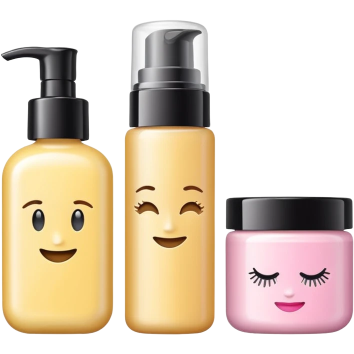 emoji of three different beauty products, with labels, minimalistic but luxury design (realistic), pastel colors emoji