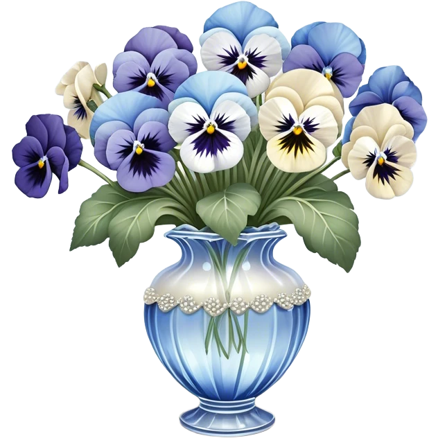 A carefully arranged still life featuring a crystal vase filled with an enchanting mix of soft blue and creamy white pansies, their petals unfolding like miniature works of art. A string of pearls is casually draped beside the vase, reflecting a subtle iridescence under candlelight. The backdrop is a hand-painted silk fabric in gentle shades of pearl and ivory, its smooth texture enhancing the refined beauty of the floral display emoji