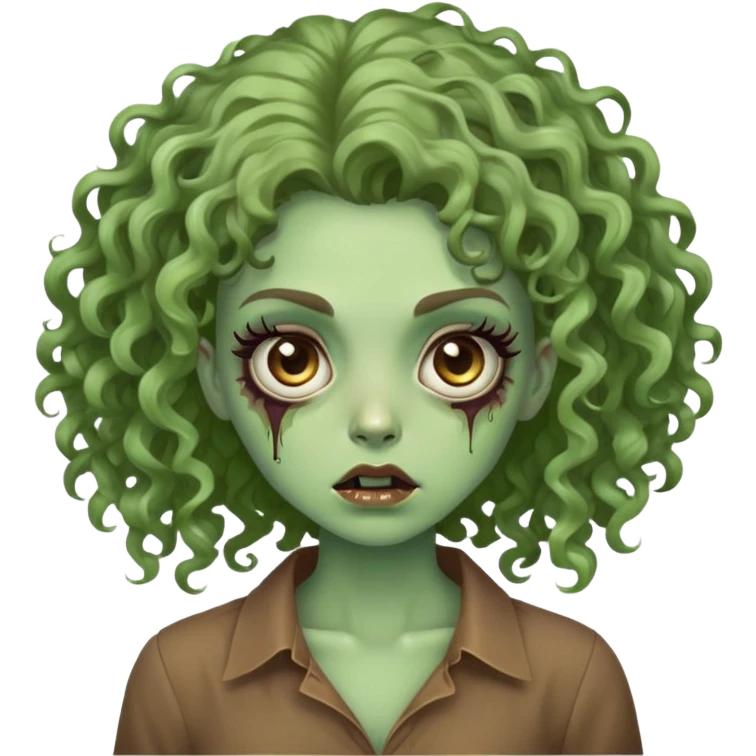 Garota zumbi verde claro, cabelo cacheado grande para frente, blusa marrom, cilios grande emoji