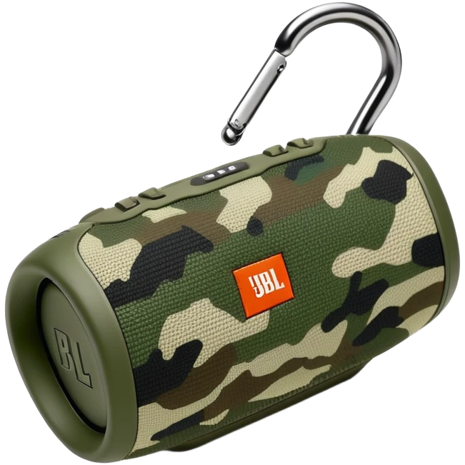 JBL Clip 4 bluetooth speaker with green camo pattern, minimalist iOS emoji style with carabiner clip emoji