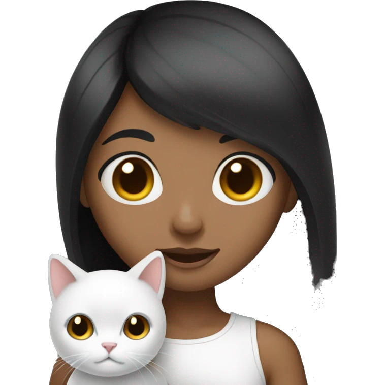Black straight hair girl holding fluffy white cat  emoji