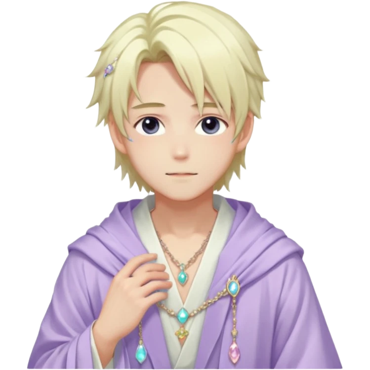 Beautiful gorgeous romantic blushing youthful handsome anime guy with beautiful pastel-whitish-special-gently-tousled-medium-long-hair, fashion aesthetic, ethereal, fairycore, pastelcore, layered robes, accessories, jewelries, colorful, shiny, trending style, outside emoji