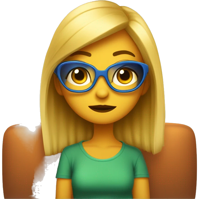 Chica pixar rubia con ojos azules y gafas cuadradas de metal dorado. Está sentada en un sofá con un gato naranja de ojos color miel y una gata tricolor de ojos verdes emoji
