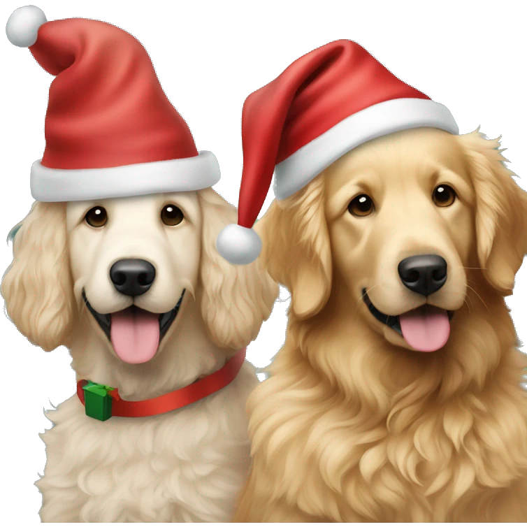 Make a goldendoodle and a golden retriever sitting next to each other with Christmas hats  emoji