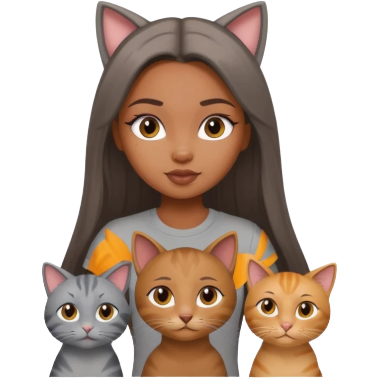 a pretty bratz dusky girl with long straight hair with four cats nd wearing a grey tshirt emoji