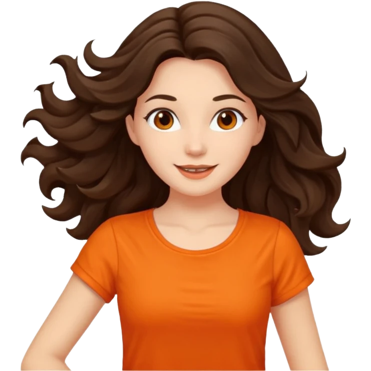 Long dark wavy hair women in orange top twirling around emoji