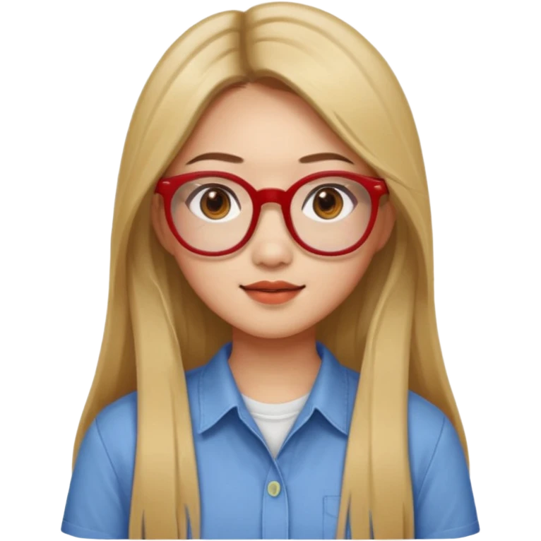 20 yr old asian woman, straight thick long brown hair, blond at tips of dark brown hair, center part to hair, big red glasses, brown eyes, casual shirt emoji