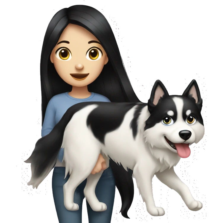 Long black hair pale girl walking husky dog emoji