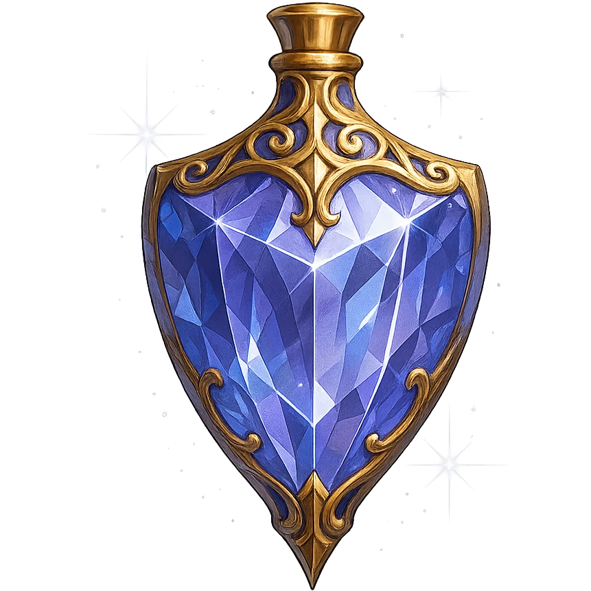 very luxurious crystal elixir bottle in shield shape, color #7986cb, lots of shining, edges, ornaments, golden details, magical effects, very small golden neck, transparent background, beautiful seamless bottom, bottle clearly floating in air, no base or shadow, modern, fits collection emoji