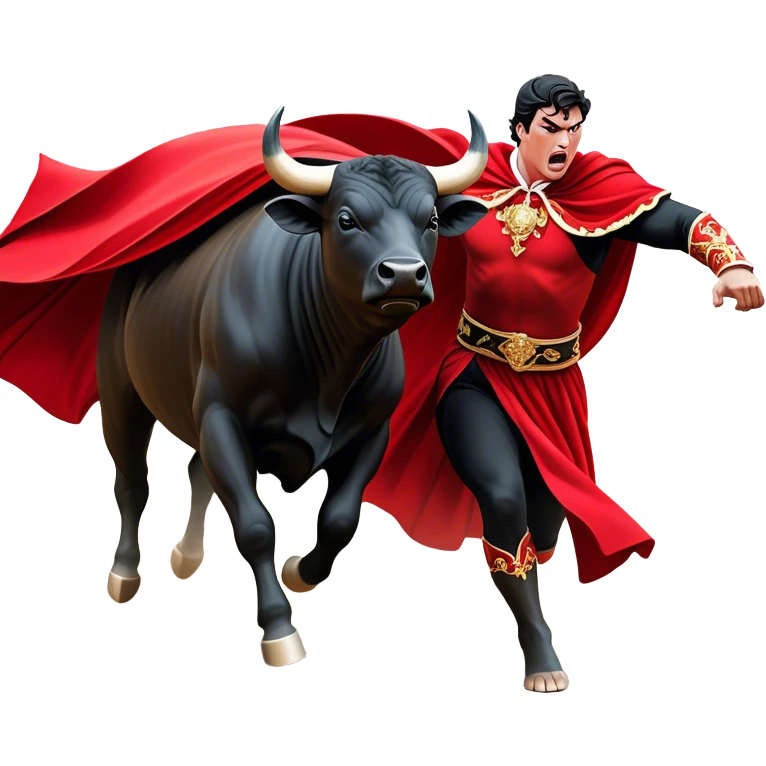 ​Cinematic Realistic black charging bull, against a matador depicted in a flowing red cape, captured in the dramatic moment of confronting a charging bull in a traditional bullring, rendered with dynamic motion and dramatic lighting that encapsulates the intensity and artistry of the spectacle, emoji