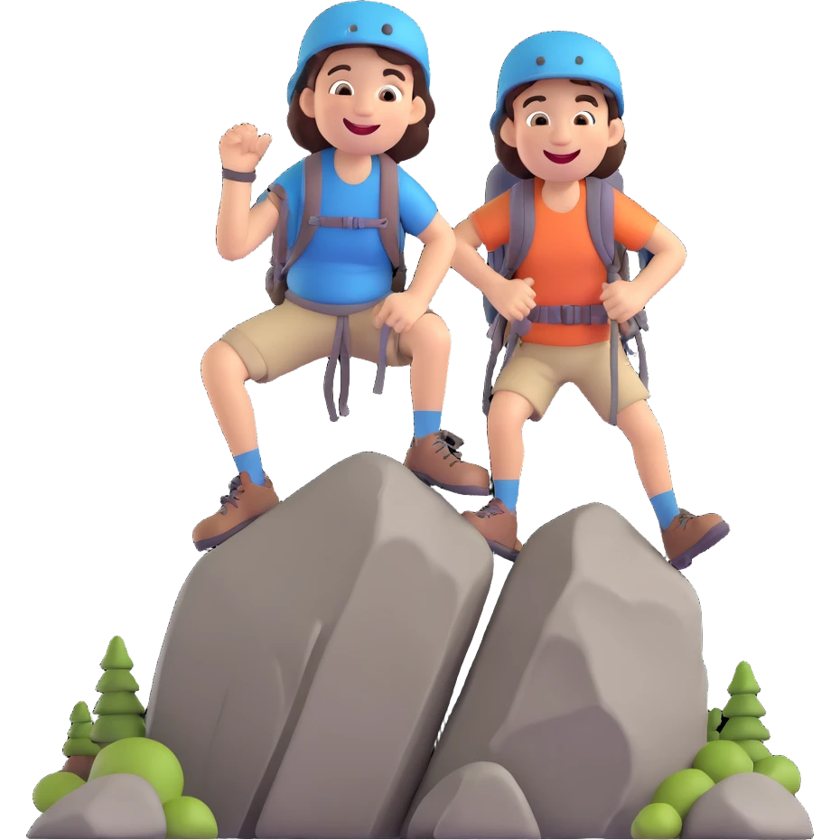 a hiker climbing rocks, laughing, cheerful expression emoji