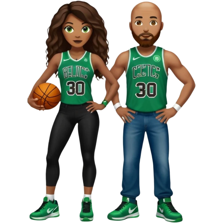 black woman & white man: 48-year-old black woman with Brown eyes, long dark brown balayage hair dressed in sexy 
celtics jersey costume outfit and stilettos with bald white man with Ginger face hair beard, and Blue eyes, in a Jason Tatum Boston Celtics Jersey, jeans and matching Nike sneakers  emoji