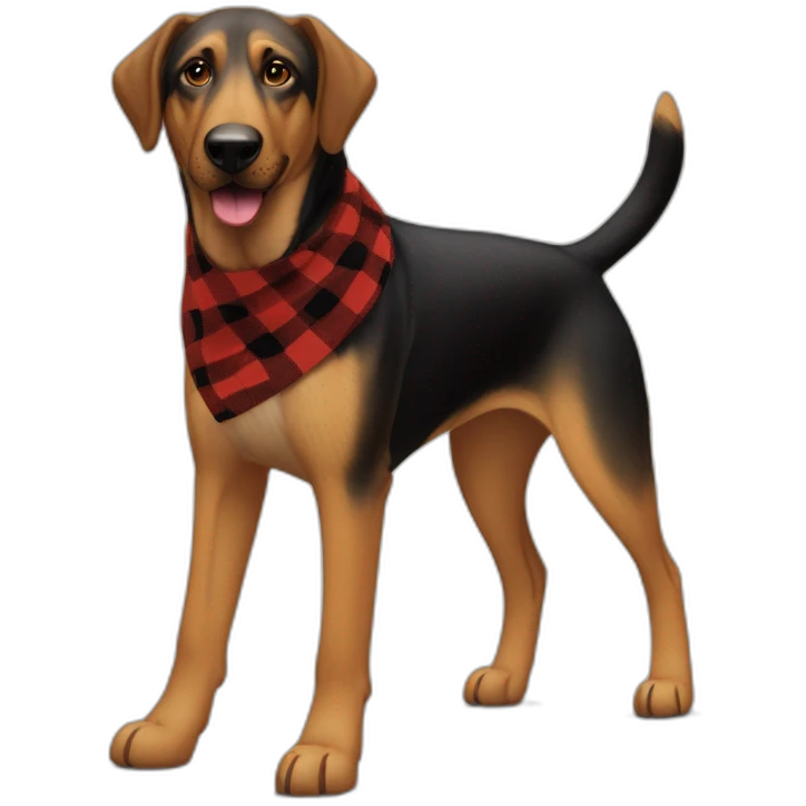 adult 75% Coonhound 25% German Shepherd mix dog with visible tail wearing small pointed red buffalo plaid bandana full body walking left quickly emoji