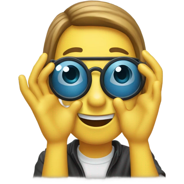 "Create an emoji with the 'goggles celebration' gesture, where both hands form circles in front of the eyes, mimicking glasses. The emoji should convey excitement and joy, with a playful and victorious vibe, using a yellow emoji face."
 emoji