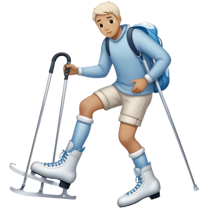 una hombre con el pie lesionado en  muletas con unos patines de hielo en la mano y cara de lesión 
 emoji
