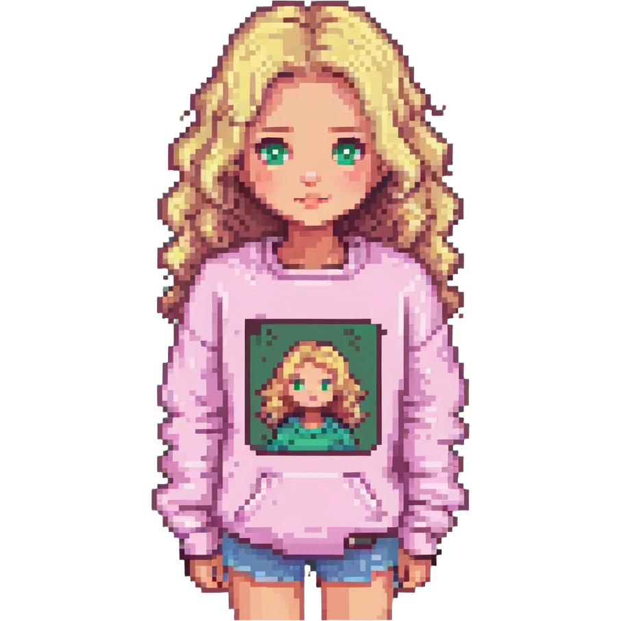avatar of a girl with blonde wavy hair wearing a pink sweatshirt, pixel art style emoji