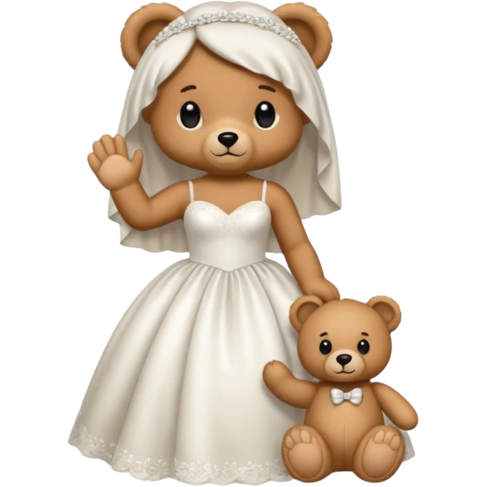 Teddy bear wearing white wedding dress holding the hand to another teddy bear wearing nothing.  emoji