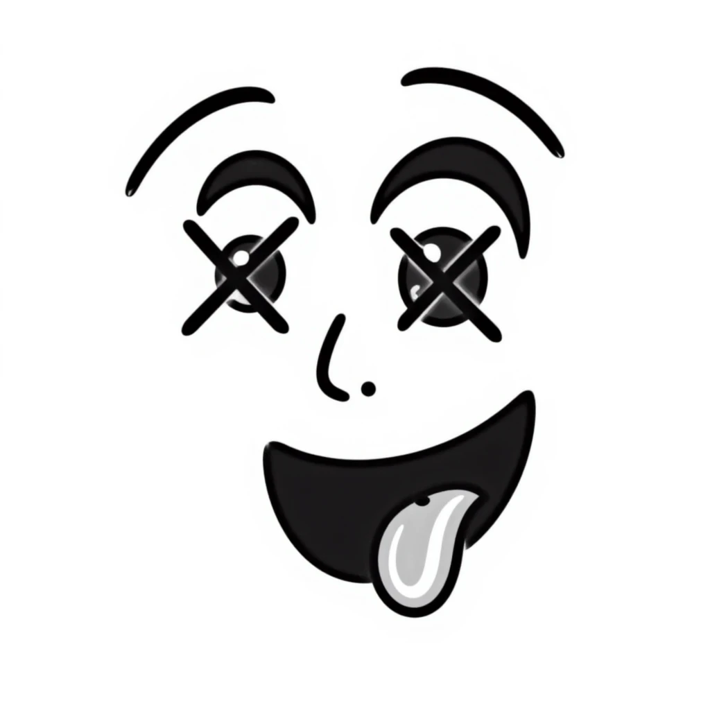 A hand-drawn face with X eyes and tongue out emoji