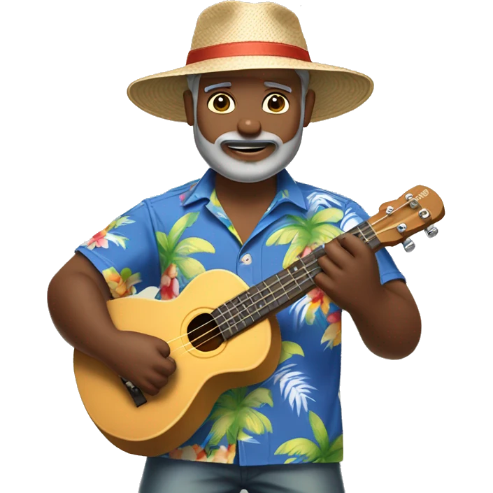 dark-skinned native hawaiian man h playing ukulele age 57 wearing hawaiian shirt shorts beard with baseball cap back small eyes emoji