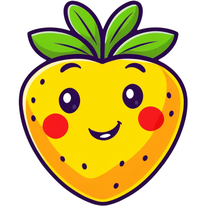 kawaii cute strawberry with smiling face, cartoonish sticker style emoji