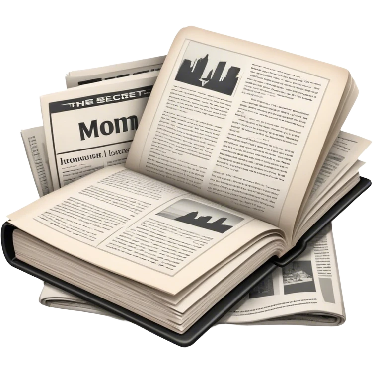 Icon for Non-Fiction & Narrative Reading: an open book with black-and-white photos on the pages, surrounded by a pile of newspaper clippings, and an open folder with top-secret documents. The icon should reflect the blend of real stories and facts in non-fiction literature. Transparent background. emoji
