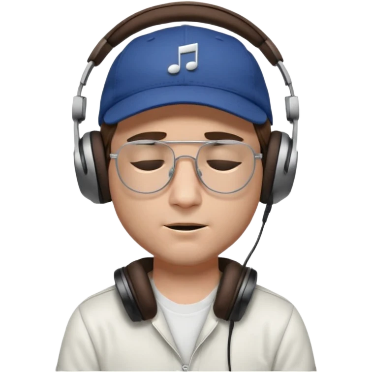 dj man white with baseball cap - rayban glasses - brown hair - closed eyes with headphones on with musical note over head (listening to music ) - eyes closed no glasses  emoji
